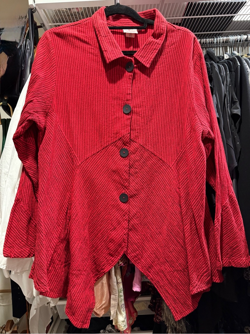 Mill Valley- Lagenlook Red Button-Front Long Sleeve Peplum Shirt - pockets!
